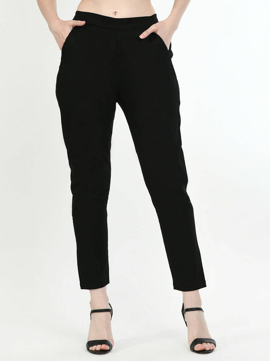 Women's Black Front Waist Band, Back Elasticated, With Pockets Pant - G & A Apparels 