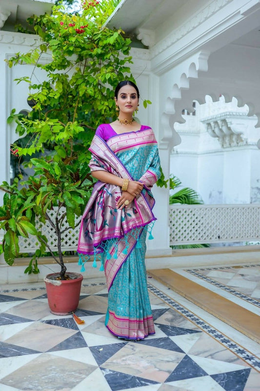 Aastha Fashion Teal Woven Kanjivaram Silk Saree with Blouse - Grab2buy