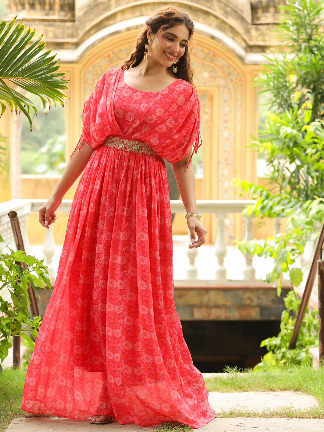 Janasya Pink Georgette Floral Gown 