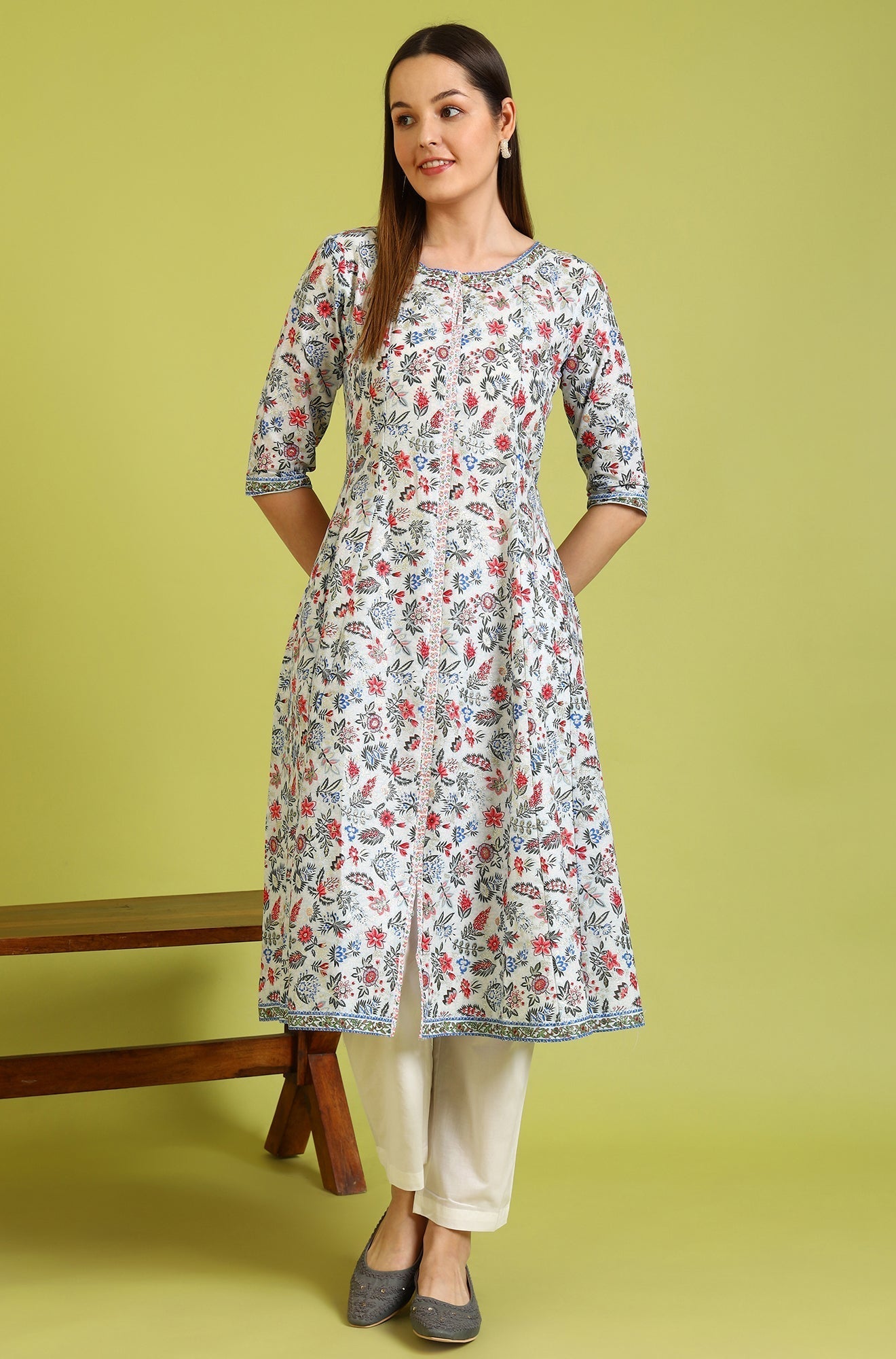 W for Woman Light Blue Floral Glitter Printed Pure Cotton Anarkali Kurta