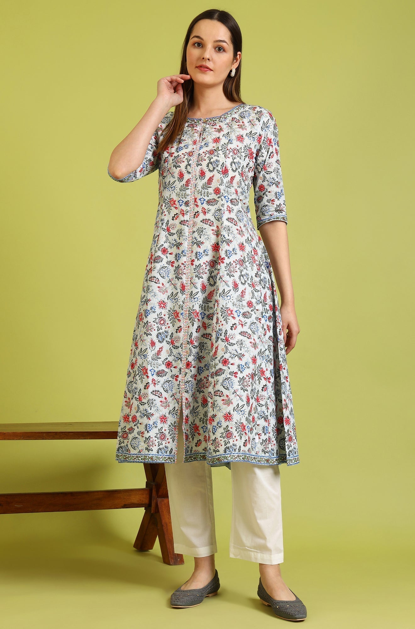 W for Woman Light Blue Floral Glitter Printed Pure Cotton Anarkali Kurta
