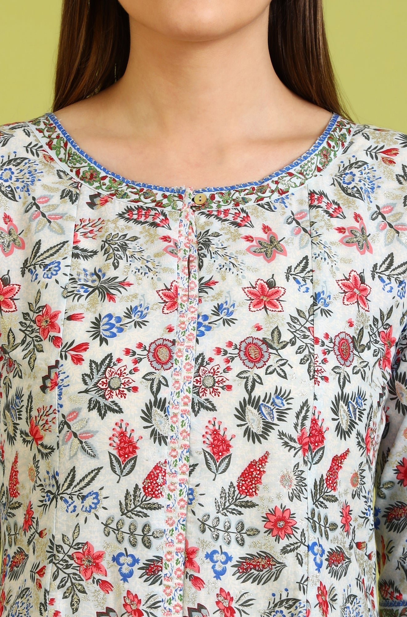 W for Woman Light Blue Floral Glitter Printed Pure Cotton Anarkali Kurta