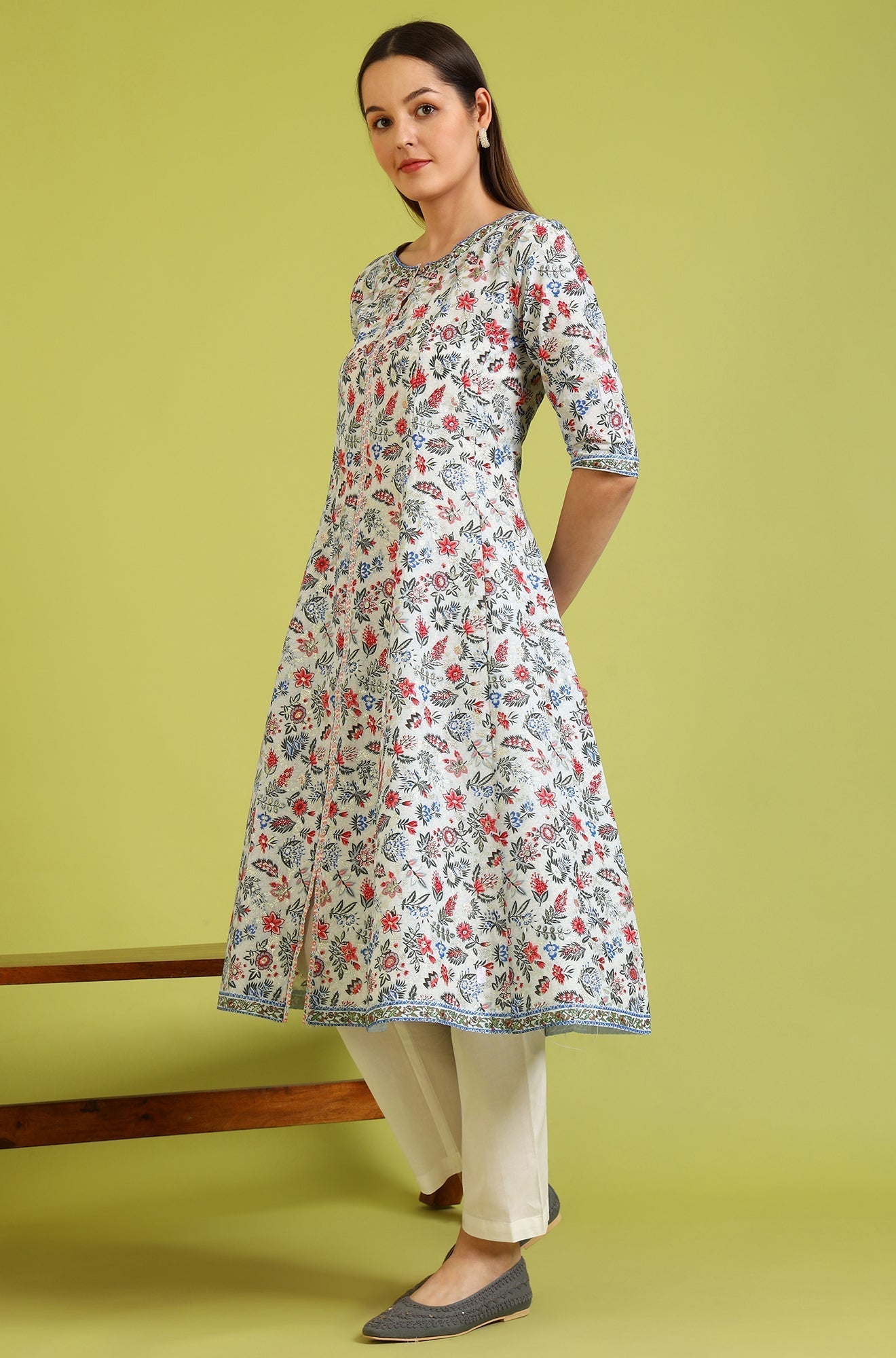 W for Woman Light Blue Floral Glitter Printed Pure Cotton Anarkali Kurta