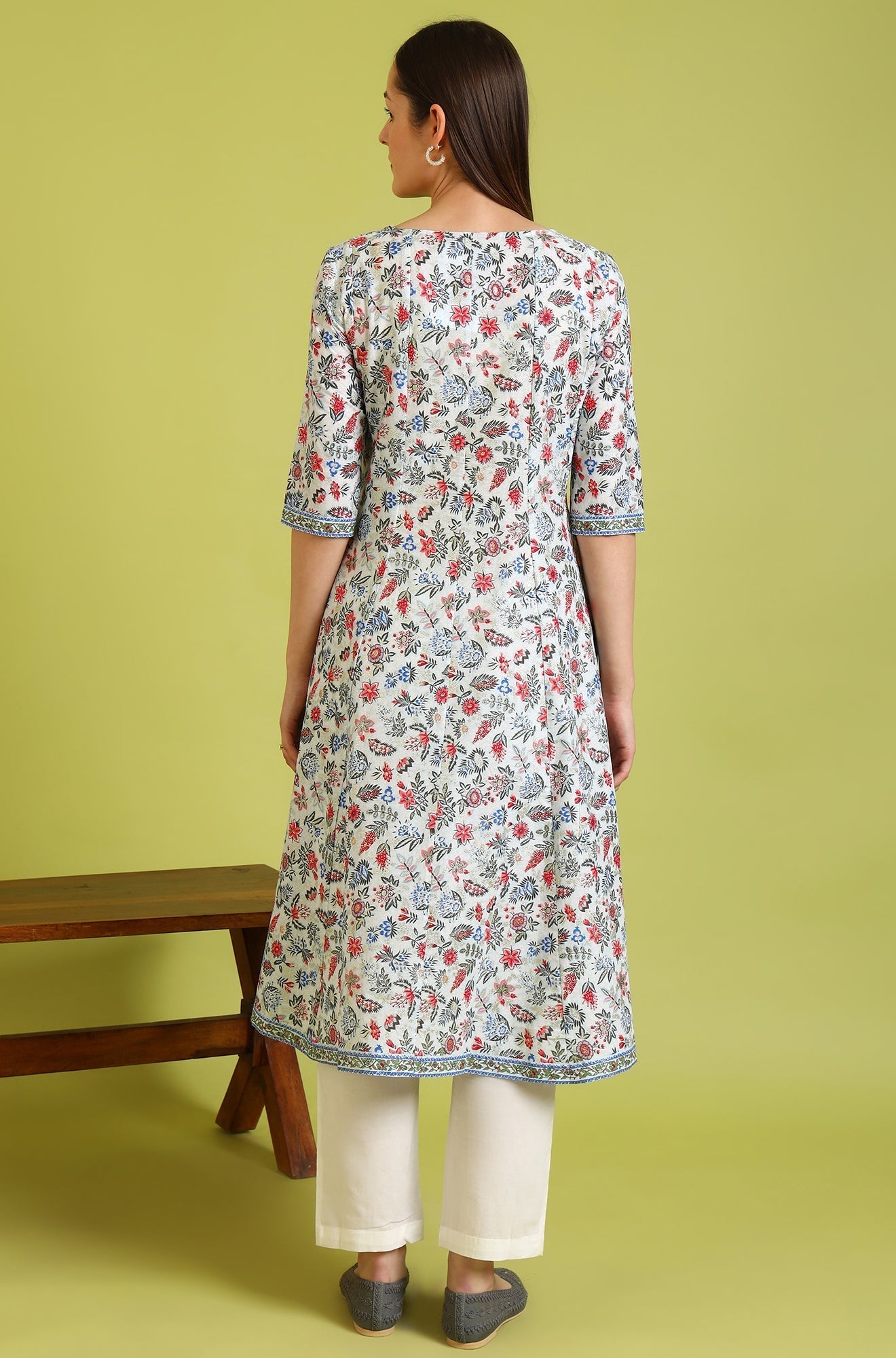 W for Woman Light Blue Floral Glitter Printed Pure Cotton Anarkali Kurta