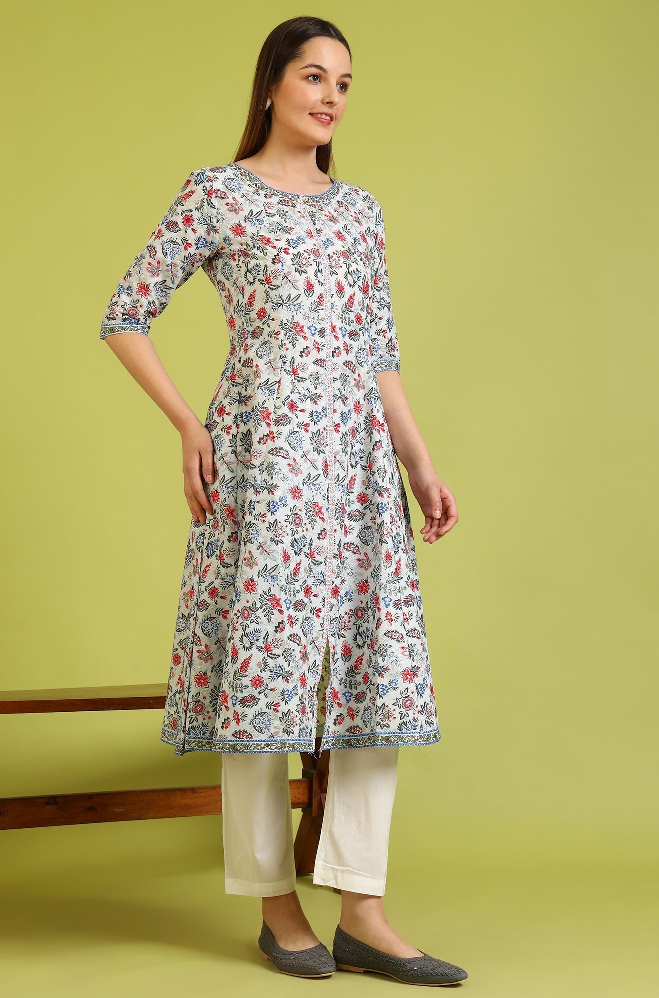 W for Woman Light Blue Floral Glitter Printed Pure Cotton Anarkali Kurta