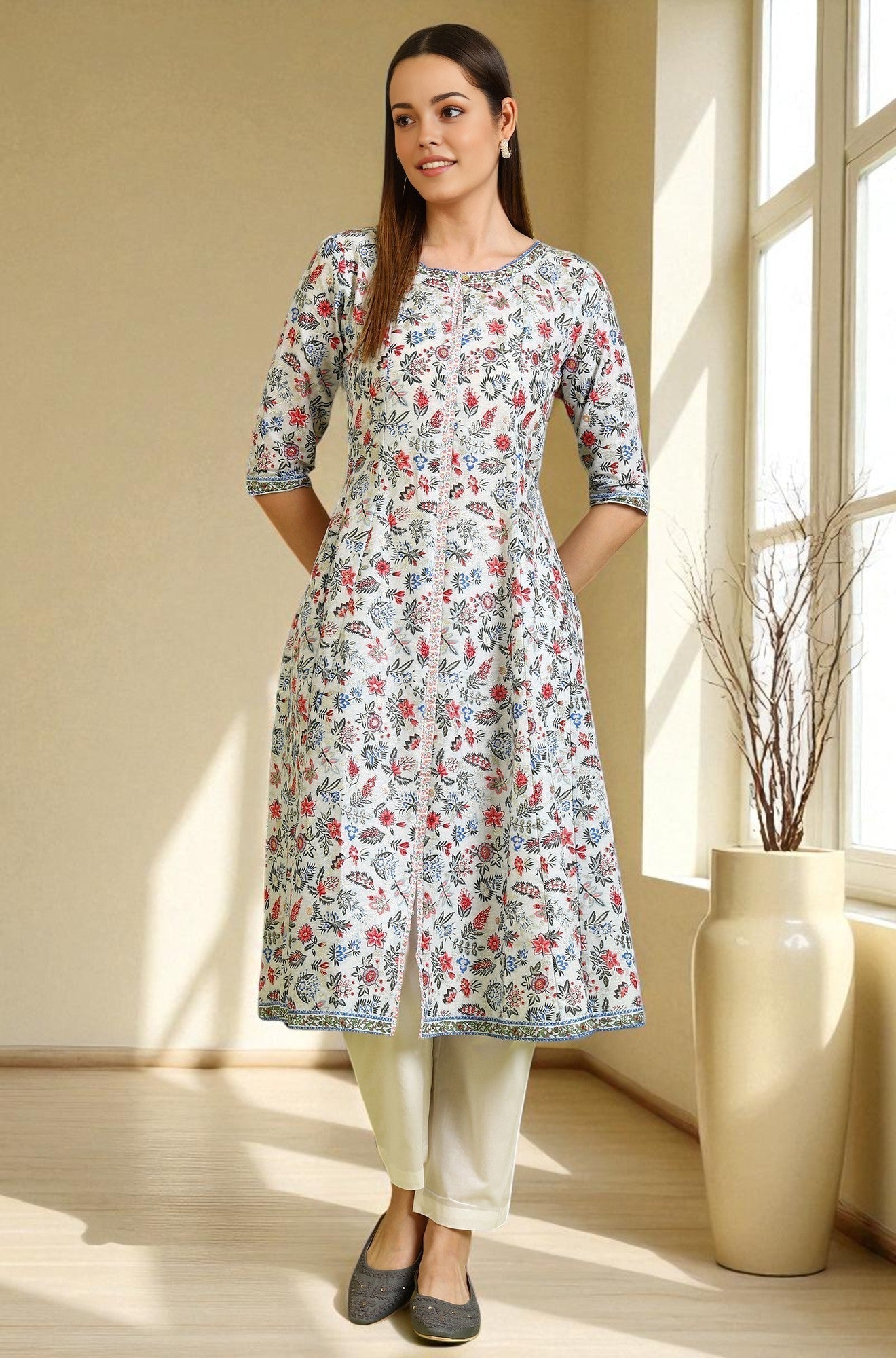 W for Woman Light Blue Floral Glitter Printed Pure Cotton Anarkali Kurta