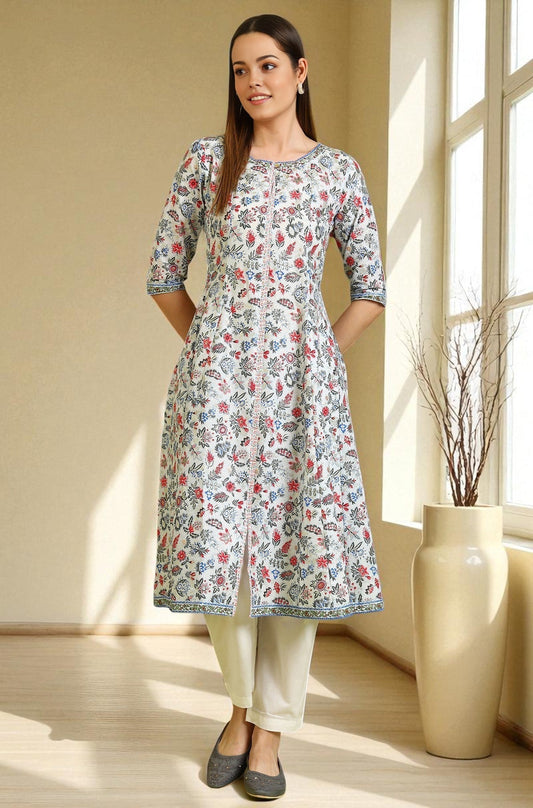 W for Woman Light Blue Floral Glitter Printed Pure Cotton Anarkali Kurta