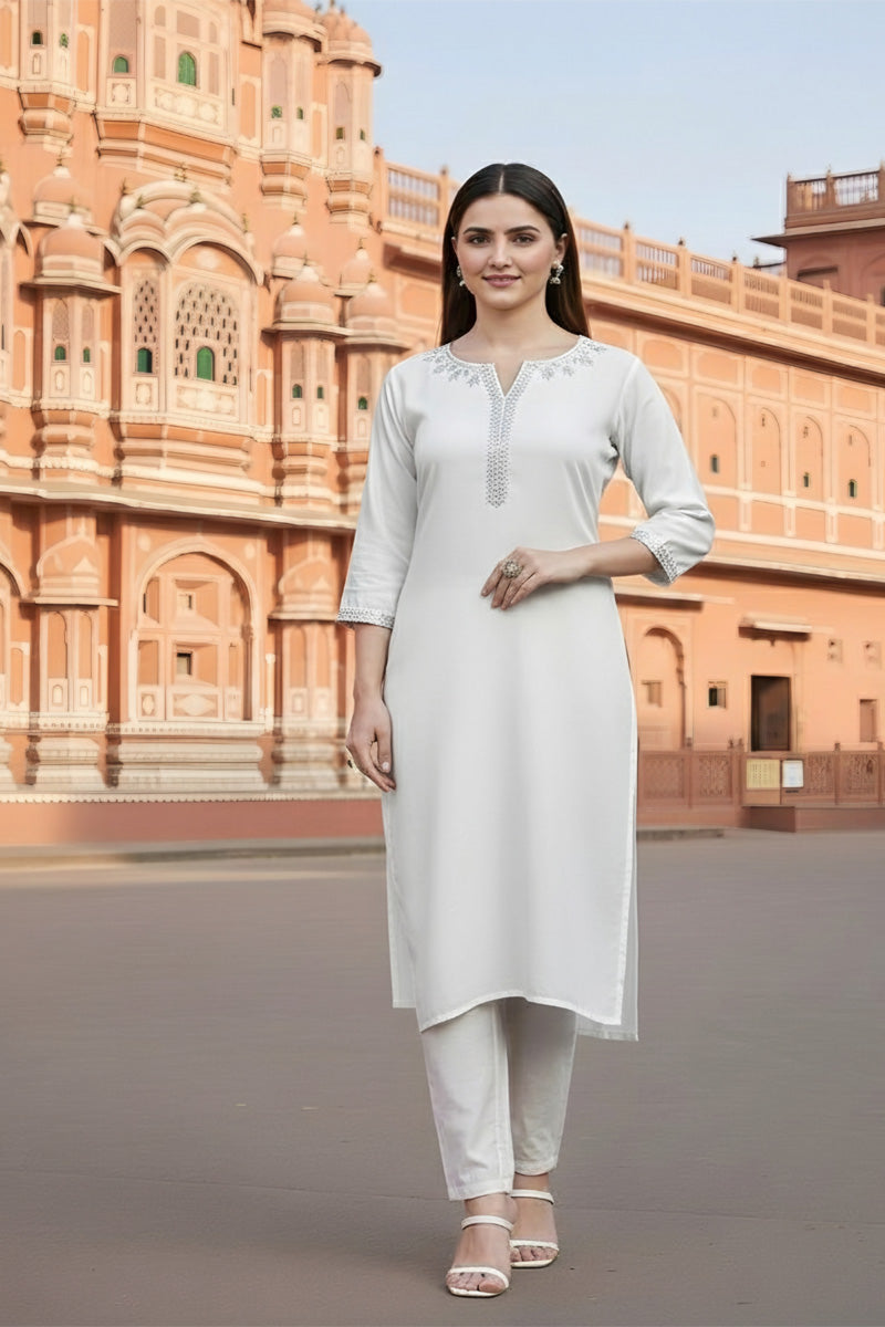 SRS Fashion White Embroidered Rayon Straight Kurta Set