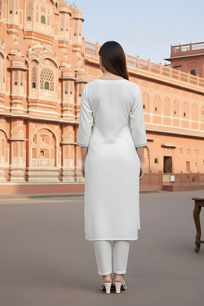 SRS Fashion White Embroidered Rayon Straight Kurta Set