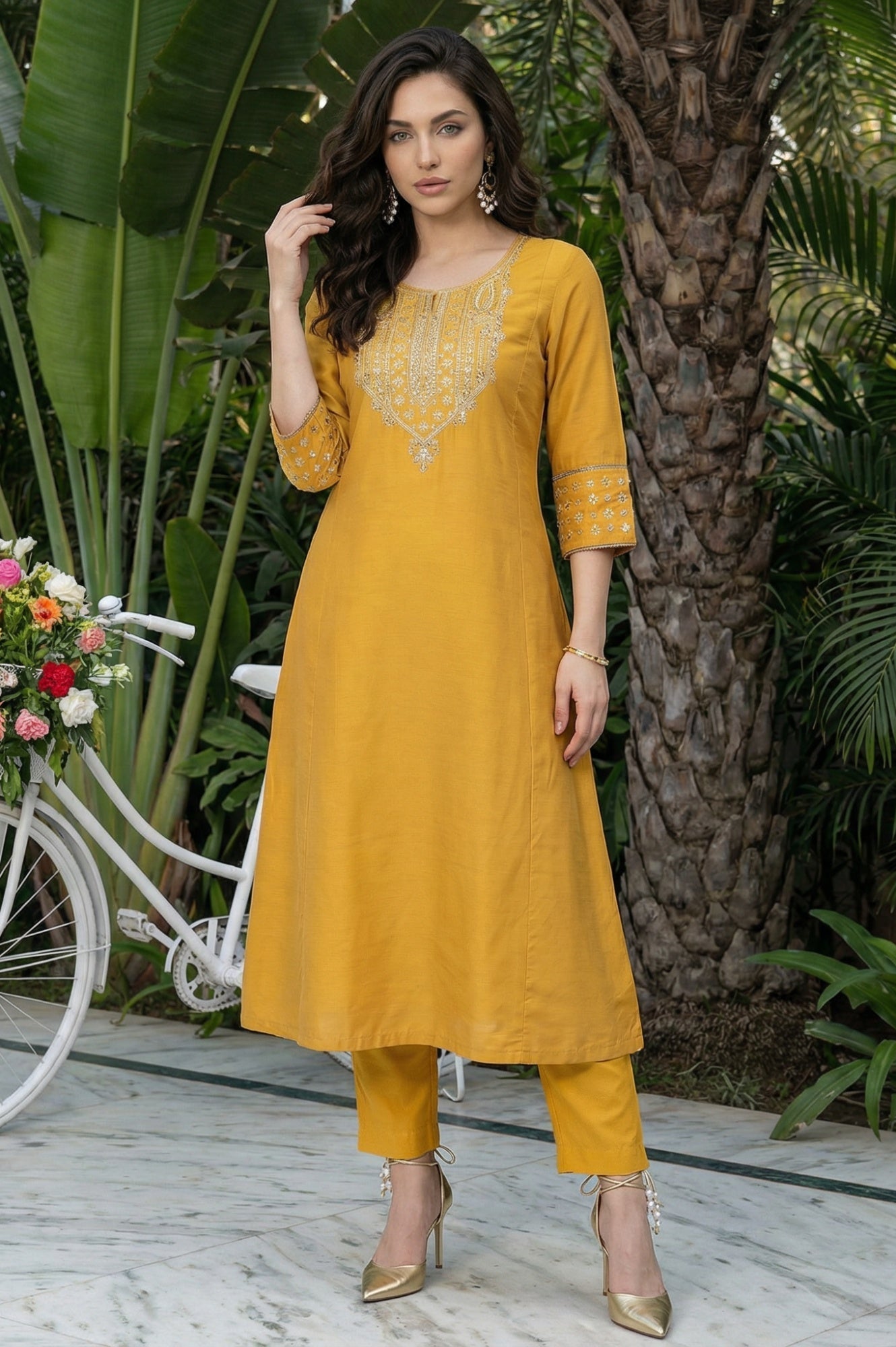 W for Woman Mustard Embroidered A-Line Rayon Kurta