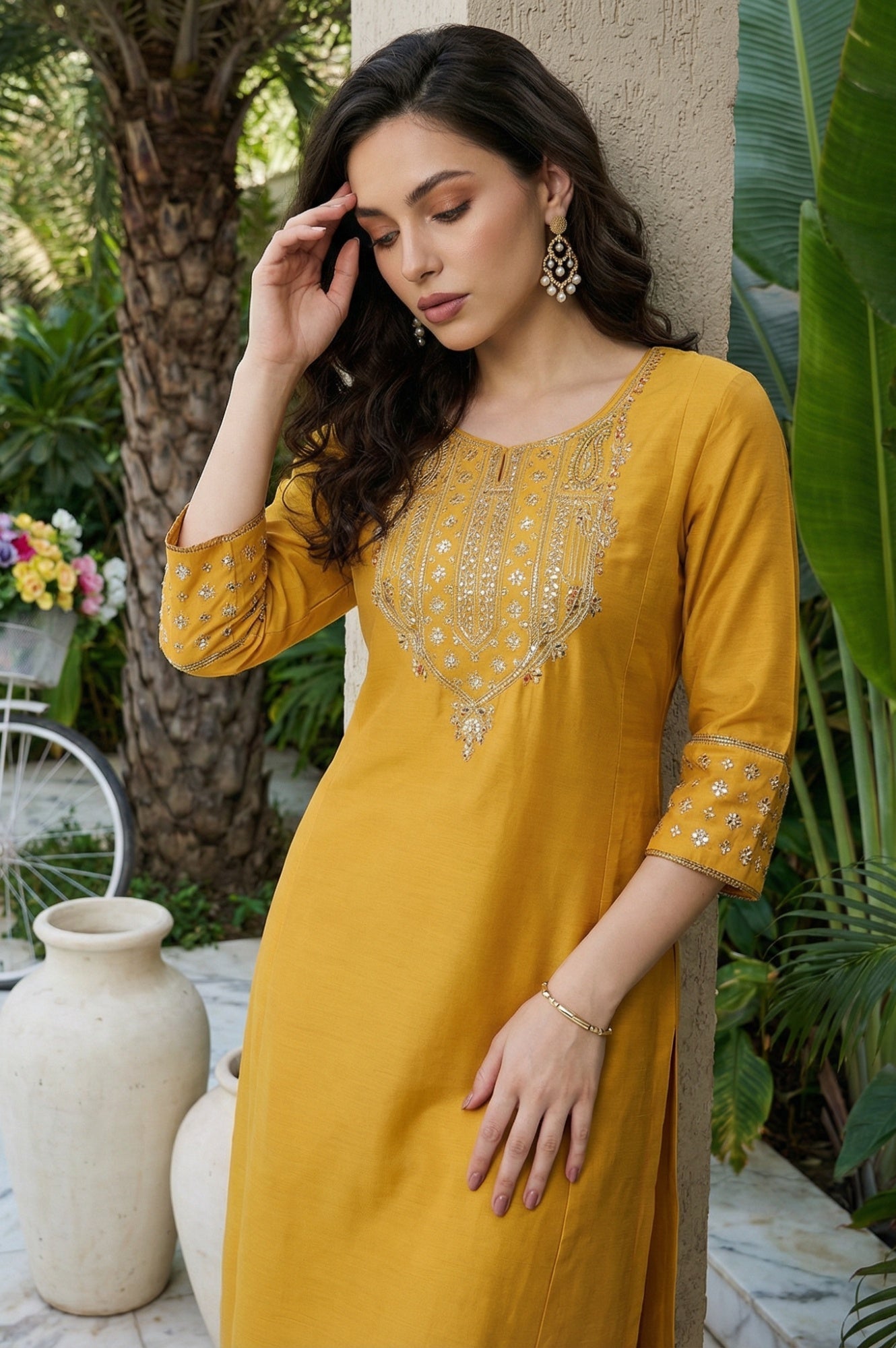 W for Woman Mustard Embroidered A-Line Rayon Kurta