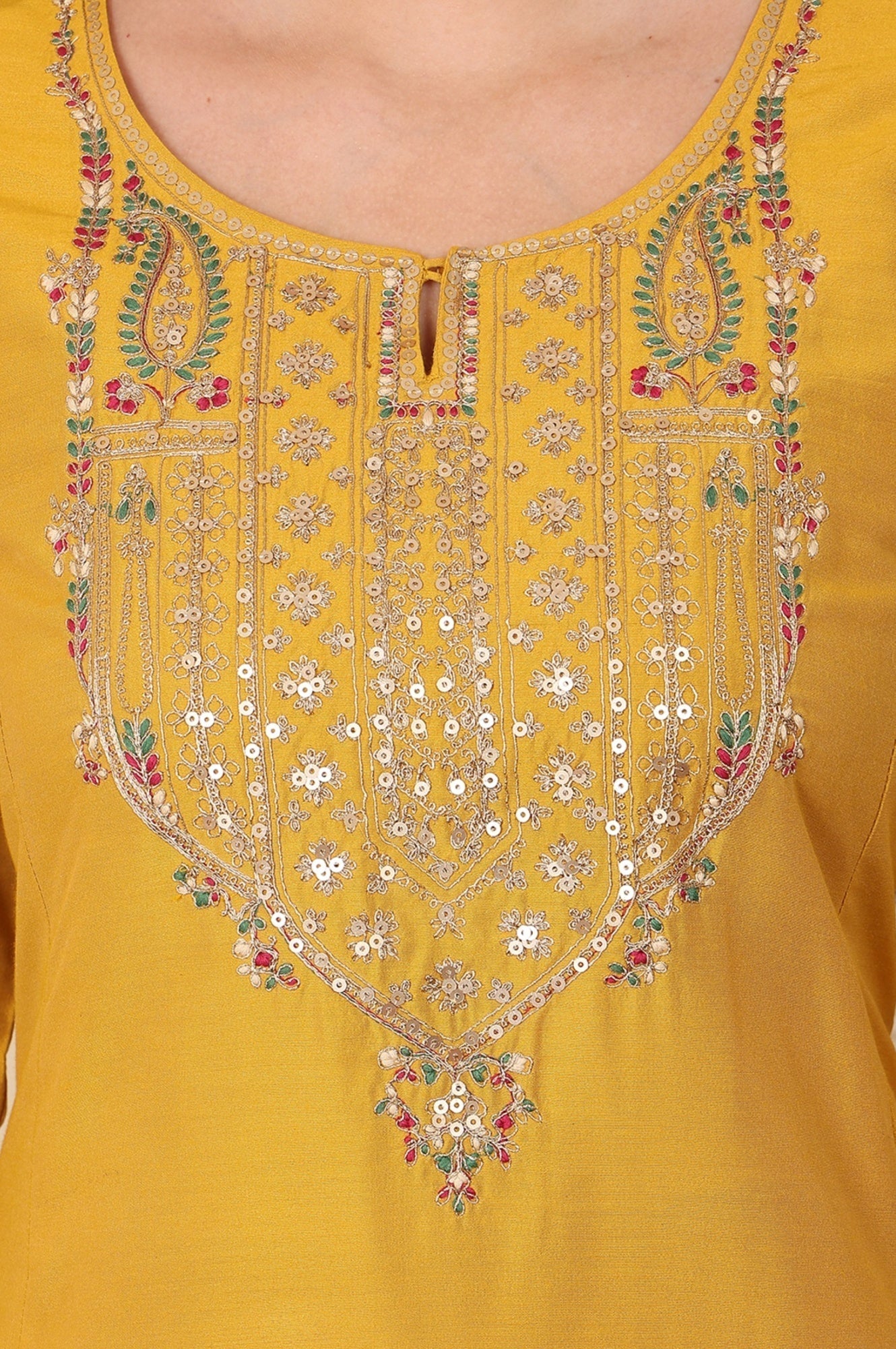 W for Woman Mustard Embroidered A-Line Rayon Kurta