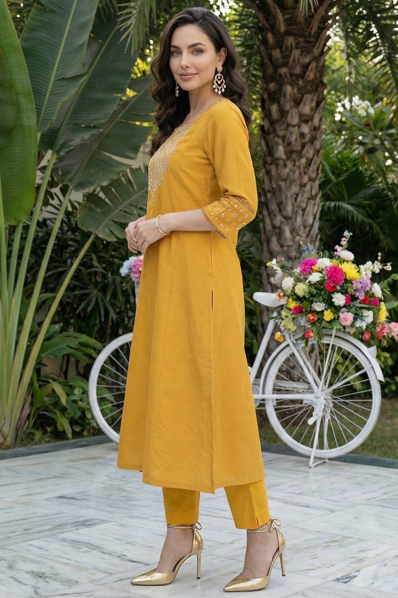 W for Woman Mustard Embroidered A-Line Rayon Kurta