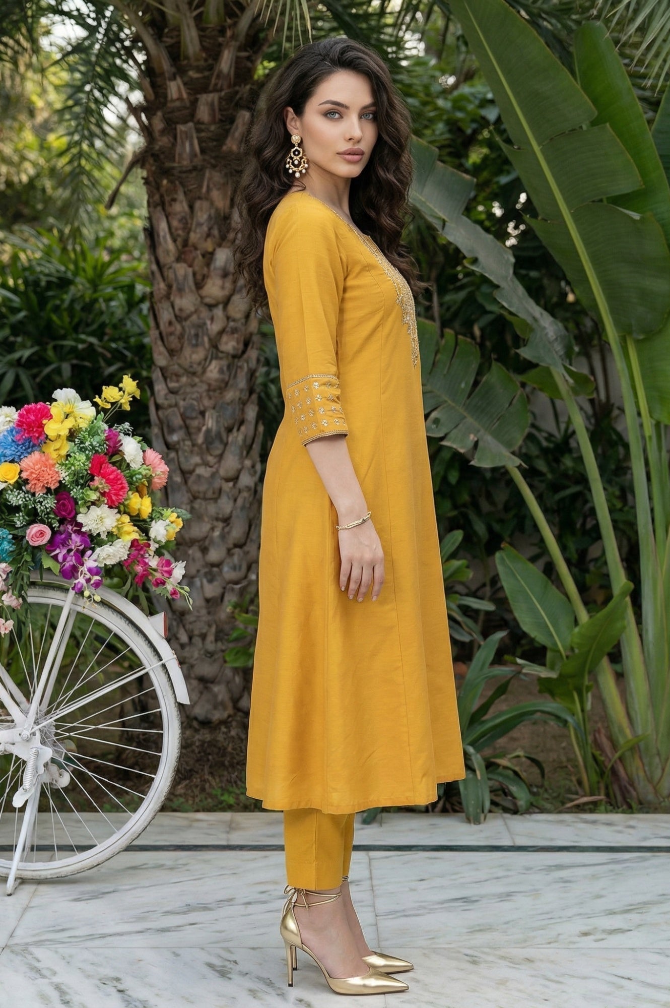 W for Woman Mustard Embroidered A-Line Rayon Kurta