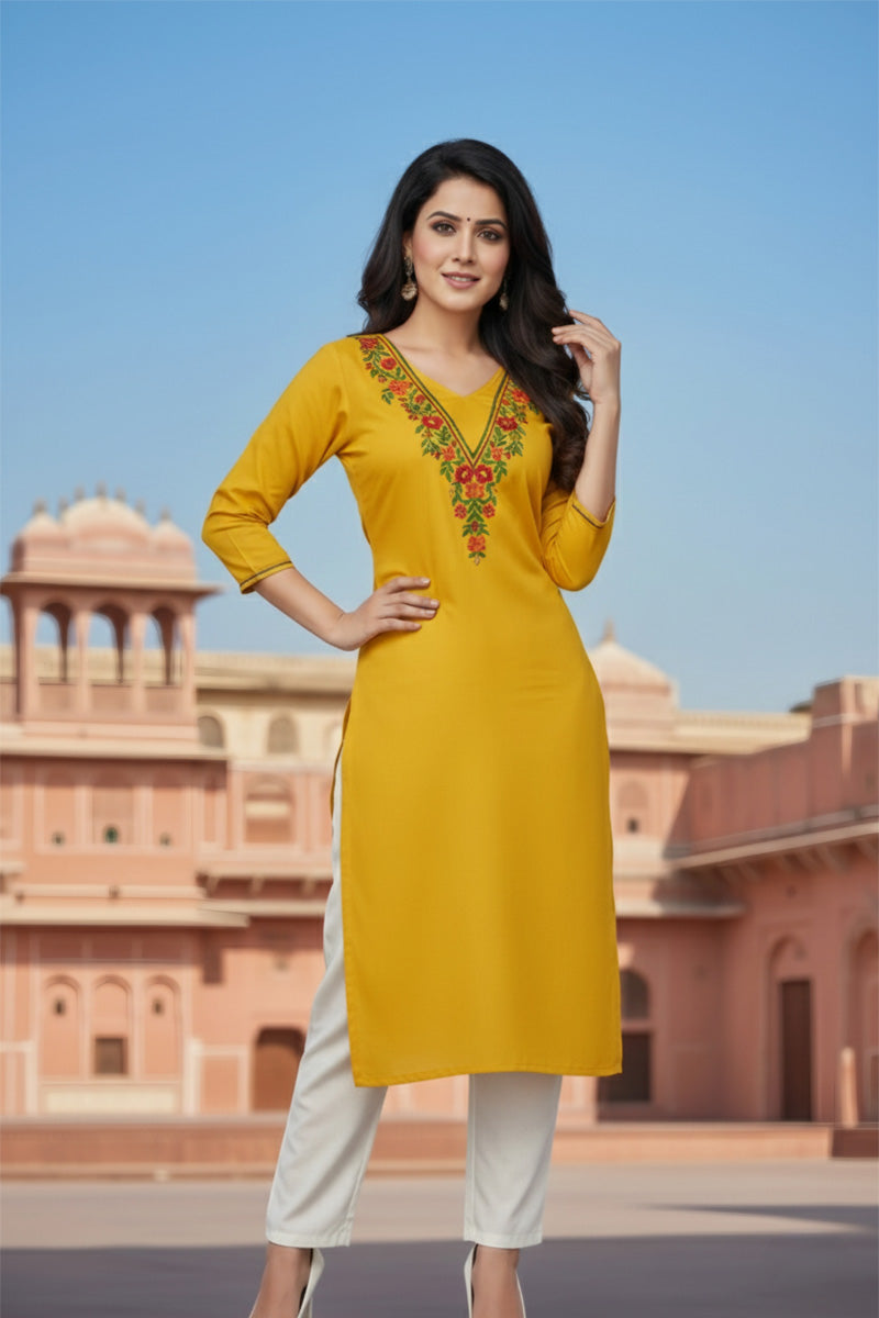 SRS Fashion Yellow Embroidered Rayon Straight Kurta Set