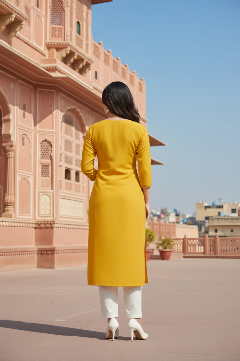 SRS Fashion Yellow Embroidered Rayon Straight Kurta Set