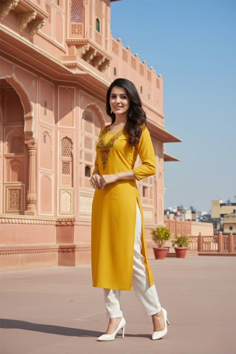 SRS Fashion Yellow Embroidered Rayon Straight Kurta Set