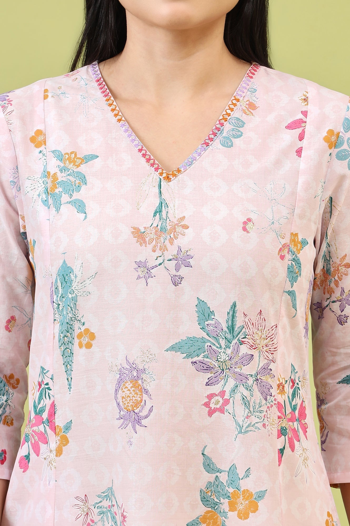 W for Woman Pink Floral Printed Thread Embroidered Pure Cotton A-Line Kurta and Slim Pant Set