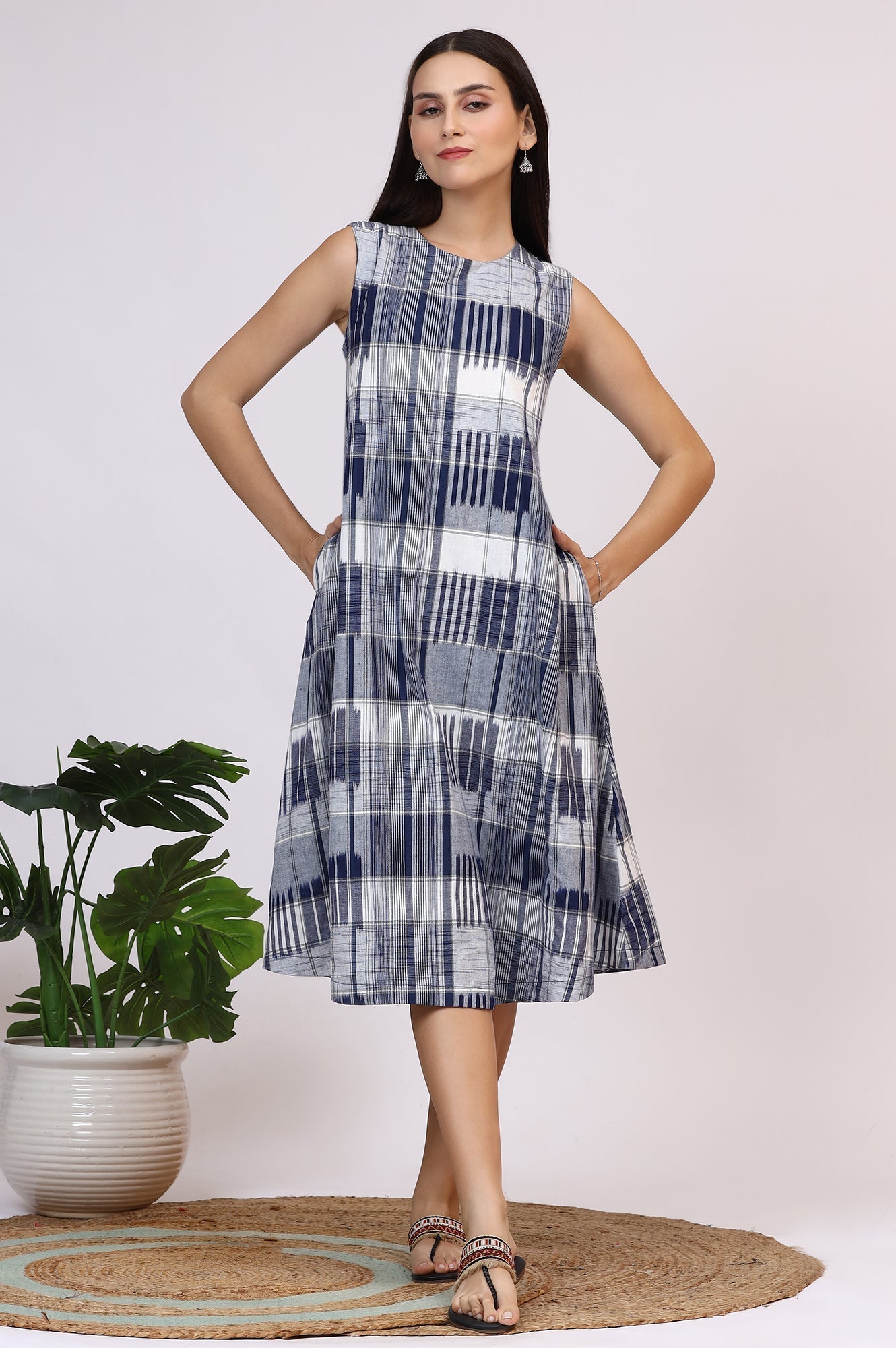 W for Woman White and Blue Ikkat Pure Cotton Sleeveless Trapeze Dress  Grab2Buy WforWoman Grab2Buy