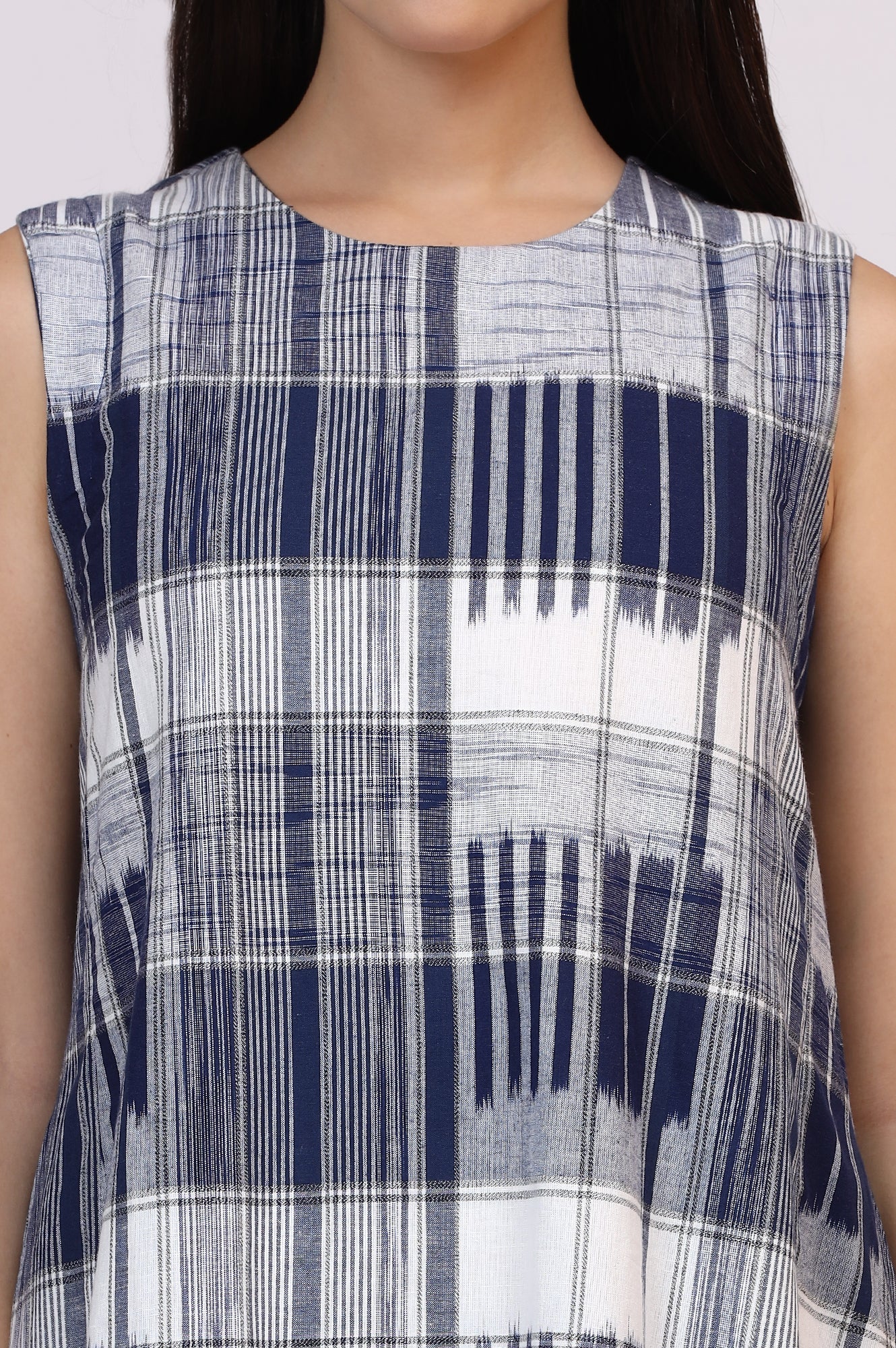 W for Woman White and Blue Ikkat Pure Cotton Sleeveless Trapeze Dress  Grab2Buy WforWoman Grab2Buy