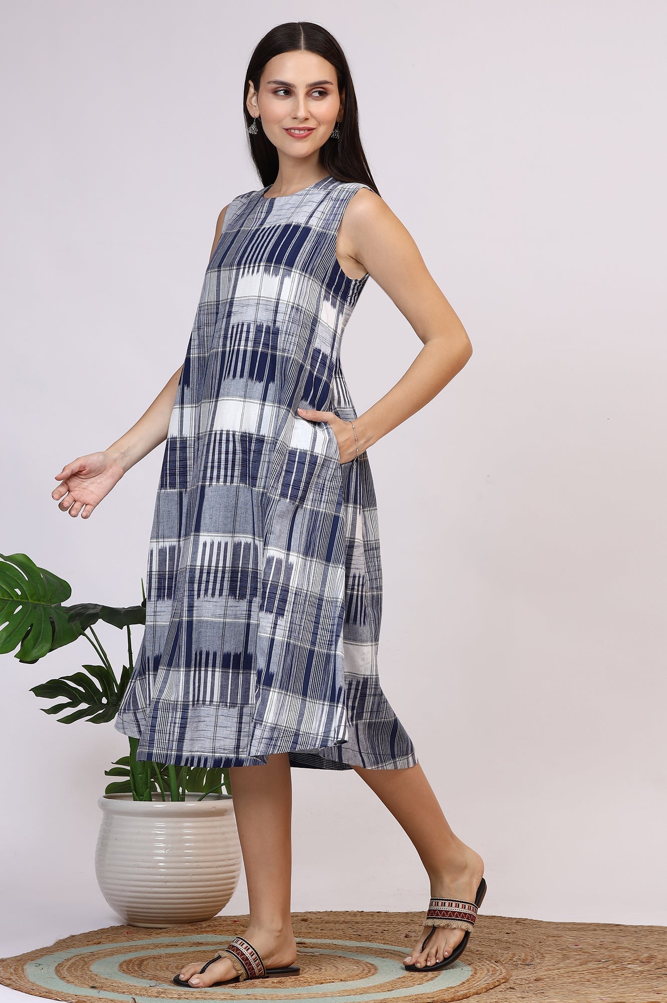 W for Woman White and Blue Ikkat Pure Cotton Sleeveless Trapeze Dress  Grab2Buy WforWoman Grab2Buy