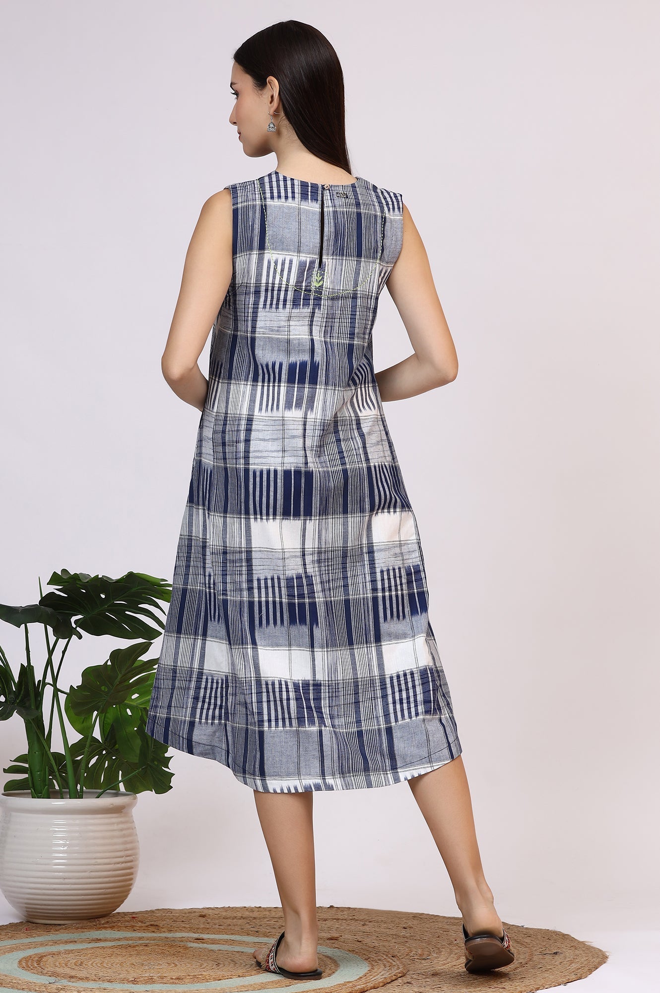 W for Woman White and Blue Ikkat Pure Cotton Sleeveless Trapeze Dress  Grab2Buy WforWoman Grab2Buy