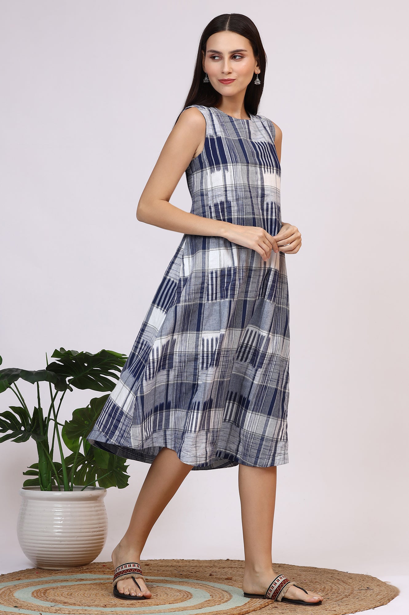 W for Woman White and Blue Ikkat Pure Cotton Sleeveless Trapeze Dress  Grab2Buy WforWoman Grab2Buy