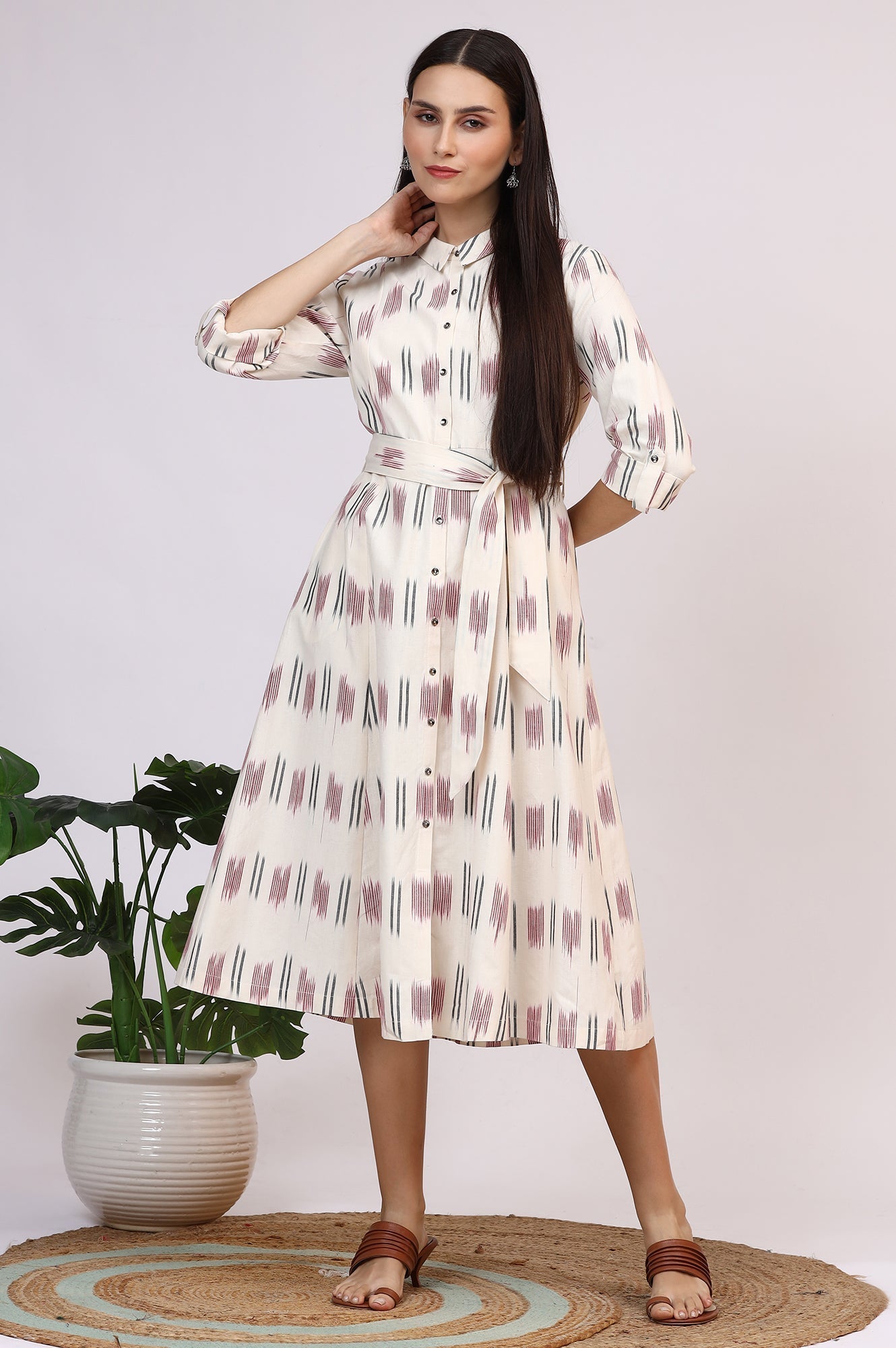 W for Woman White Ikkat Pure Cotton A-line Shirt Dress with Belt  Grab2Buy WforWoman Grab2Buy