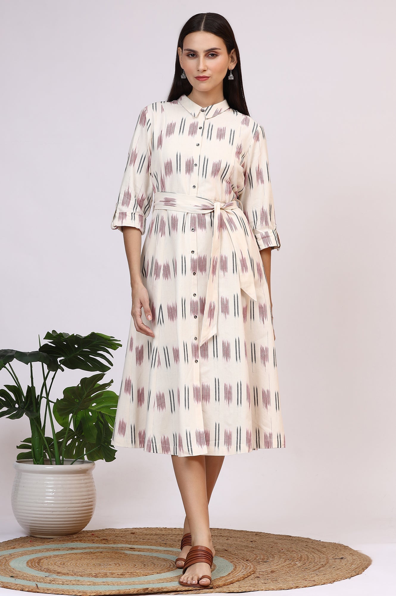 W for Woman White Ikkat Pure Cotton A-line Shirt Dress with Belt  Grab2Buy WforWoman Grab2Buy