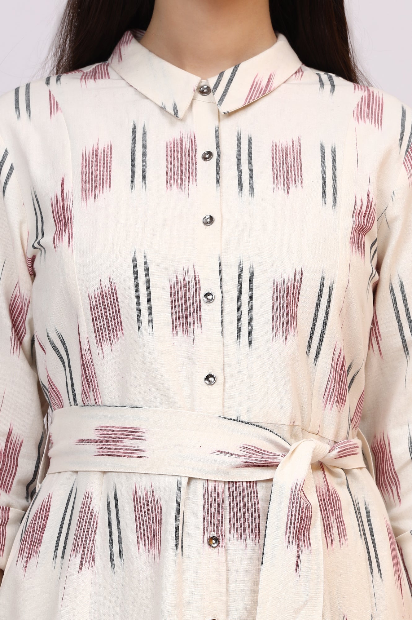 W for Woman White Ikkat Pure Cotton A-line Shirt Dress with Belt  Grab2Buy WforWoman Grab2Buy