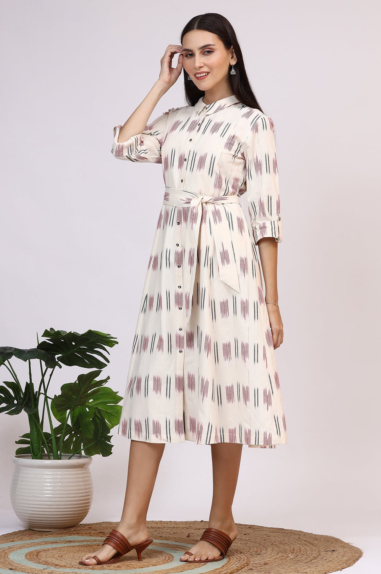 W for Woman White Ikkat Pure Cotton A-line Shirt Dress with Belt  Grab2Buy WforWoman Grab2Buy