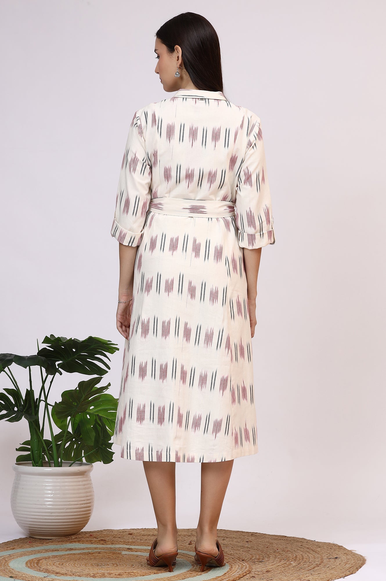 W for Woman White Ikkat Pure Cotton A-line Shirt Dress with Belt  Grab2Buy WforWoman Grab2Buy