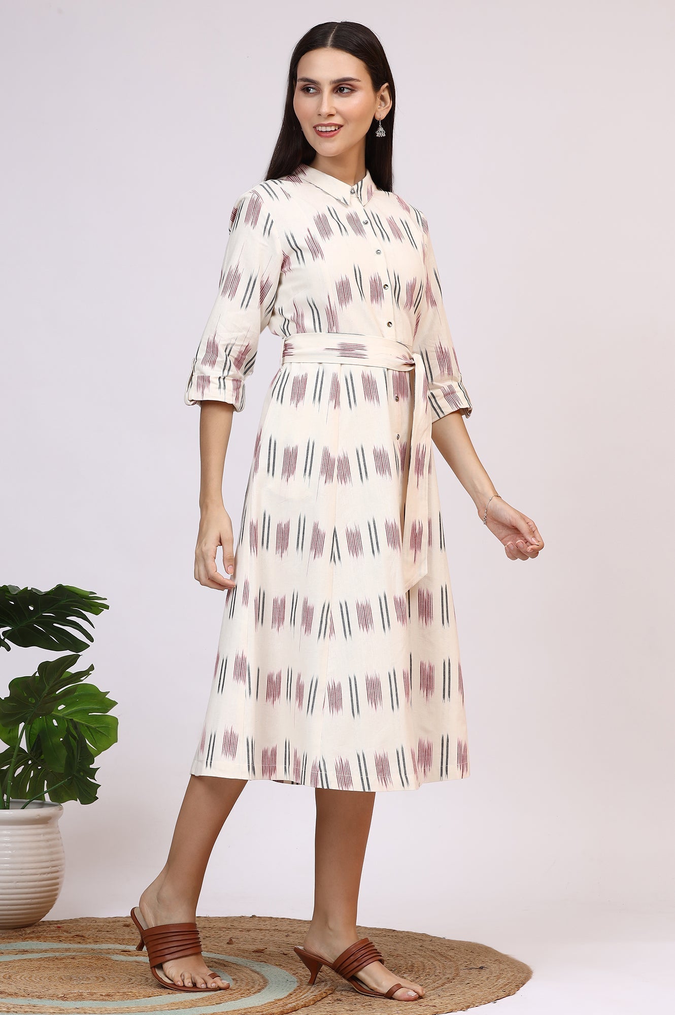 W for Woman White Ikkat Pure Cotton A-line Shirt Dress with Belt  Grab2Buy WforWoman Grab2Buy