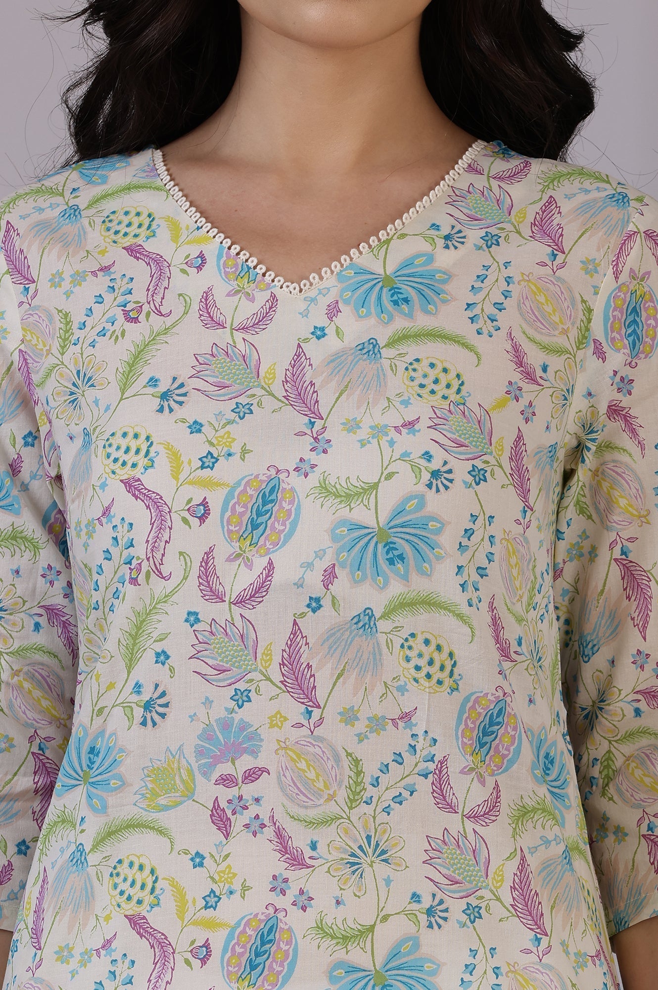 W for Woman Light Beige Floral Printed Pure Cotton Straight Kurta