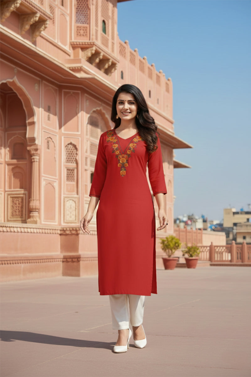 SRS Fashion Red Embroidered Rayon Straight Kurta Set