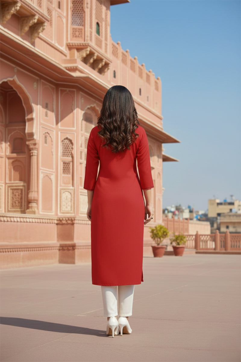 SRS Fashion Red Embroidered Rayon Straight Kurta Set