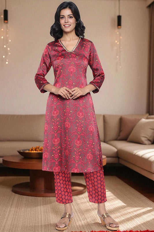 W for Woman Chocolate Brown Printed Japanese Satin A-line Kurta