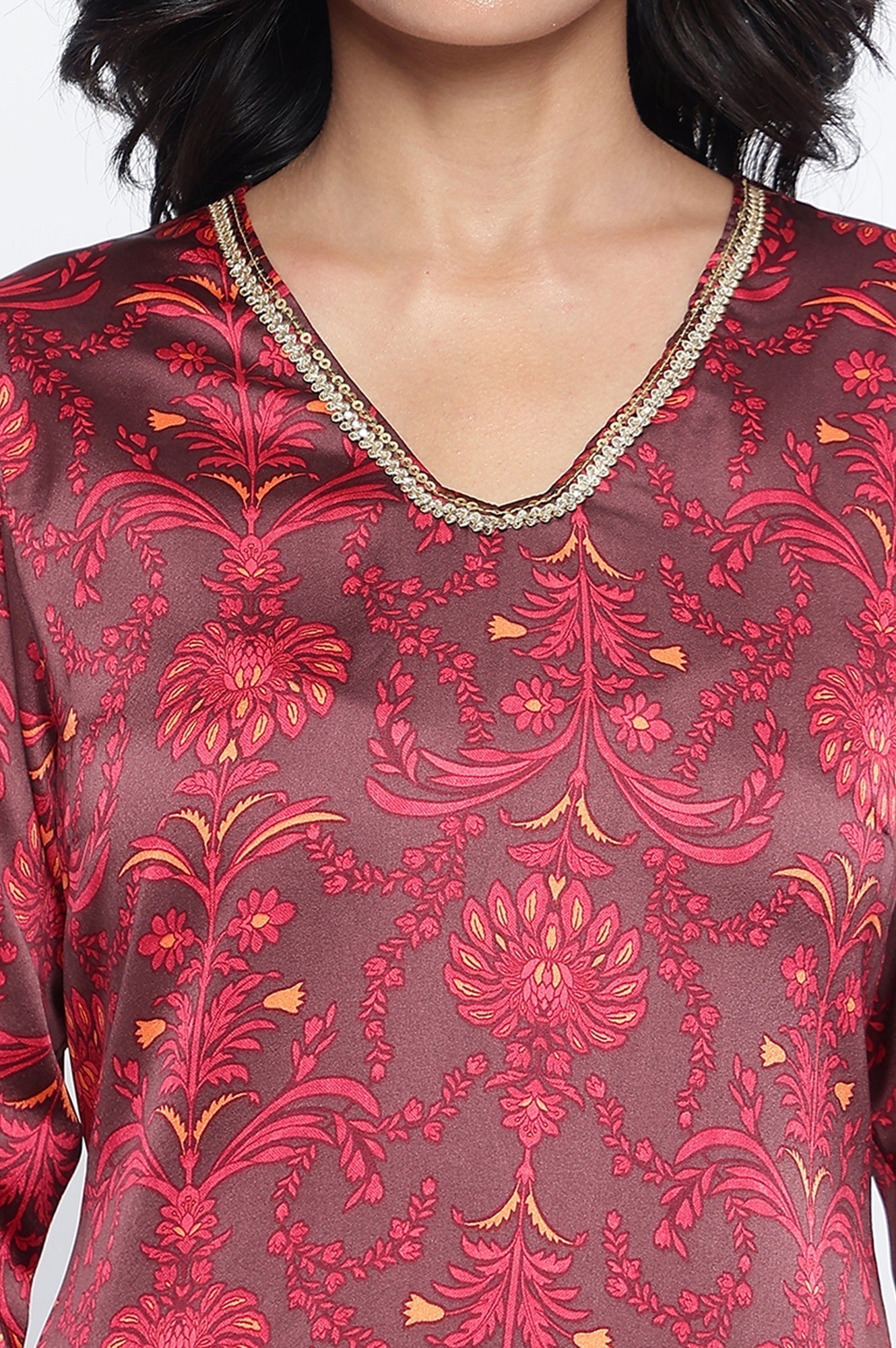 W for Woman Chocolate Brown Printed Japanese Satin A-line Kurta