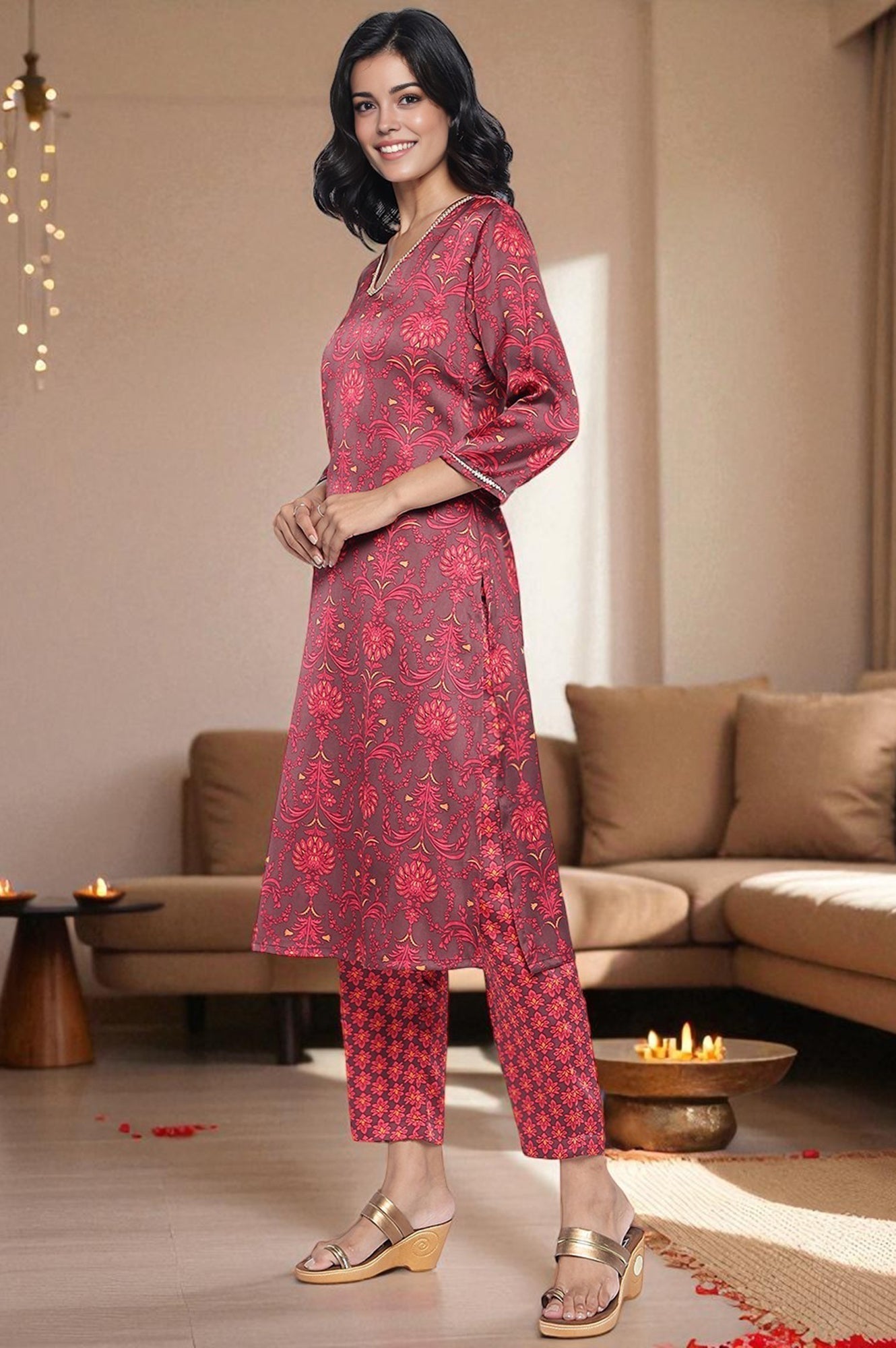 W for Woman Chocolate Brown Printed Japanese Satin A-line Kurta