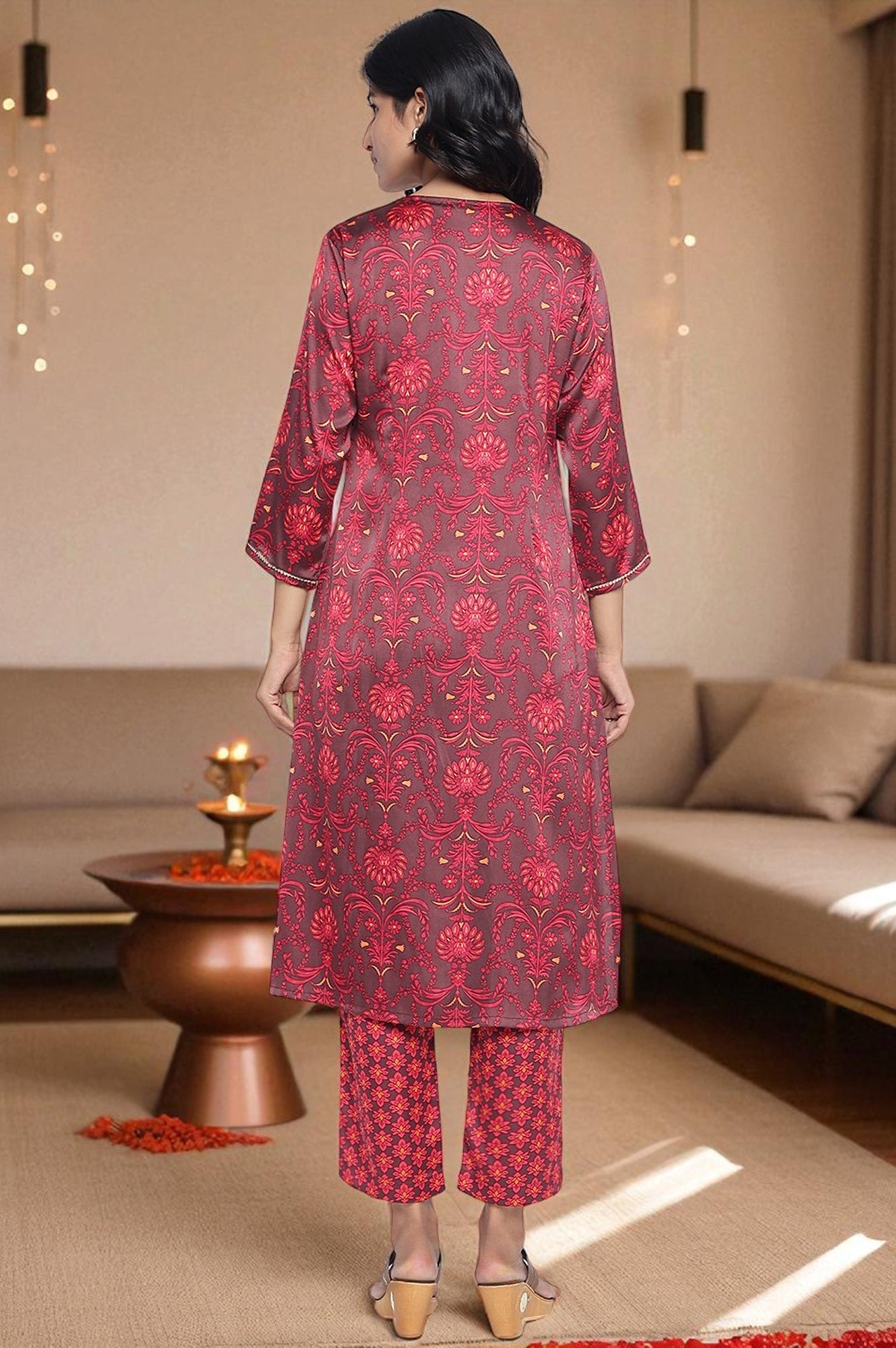W for Woman Chocolate Brown Printed Japanese Satin A-line Kurta