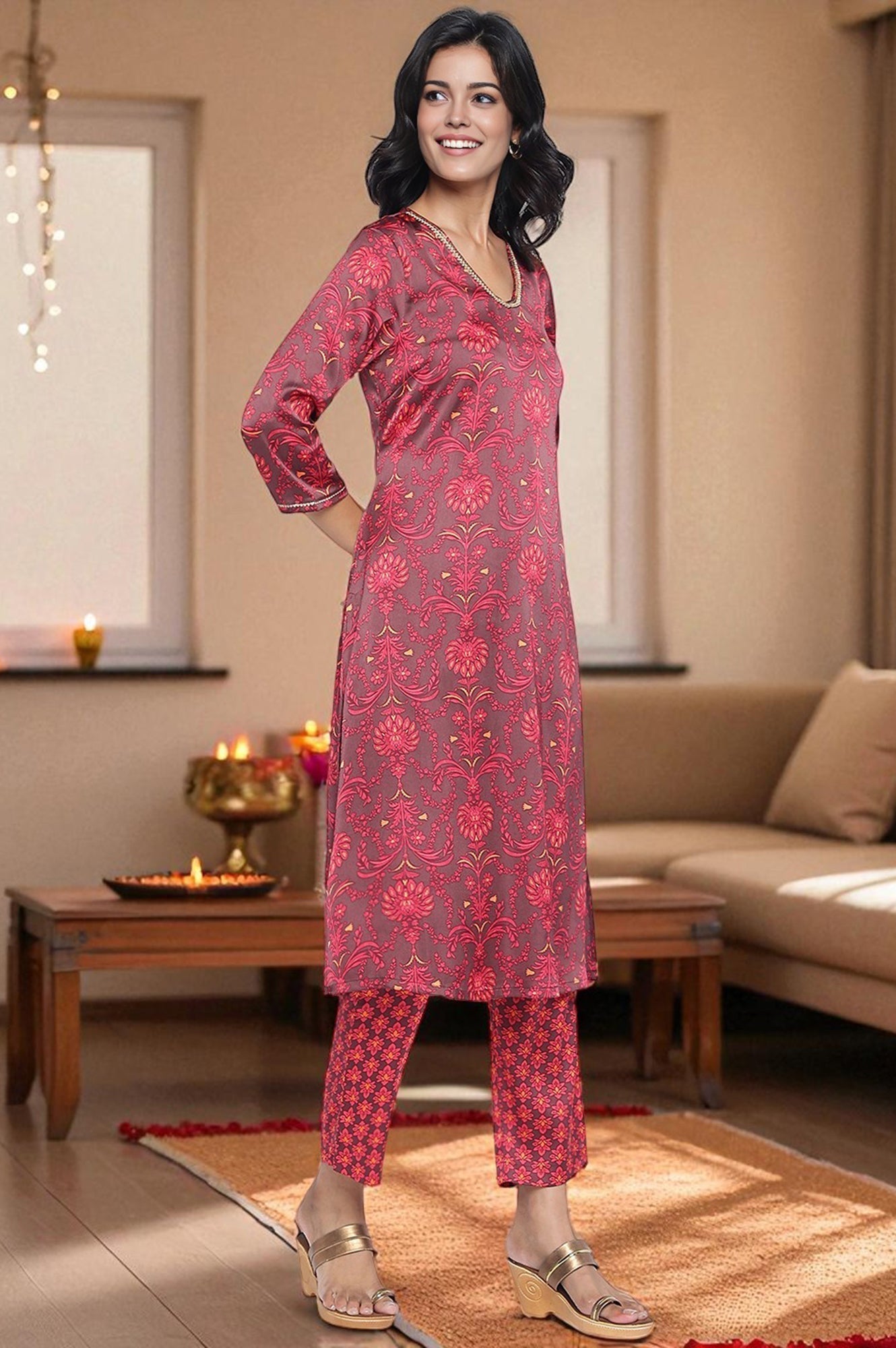 W for Woman Chocolate Brown Printed Japanese Satin A-line Kurta