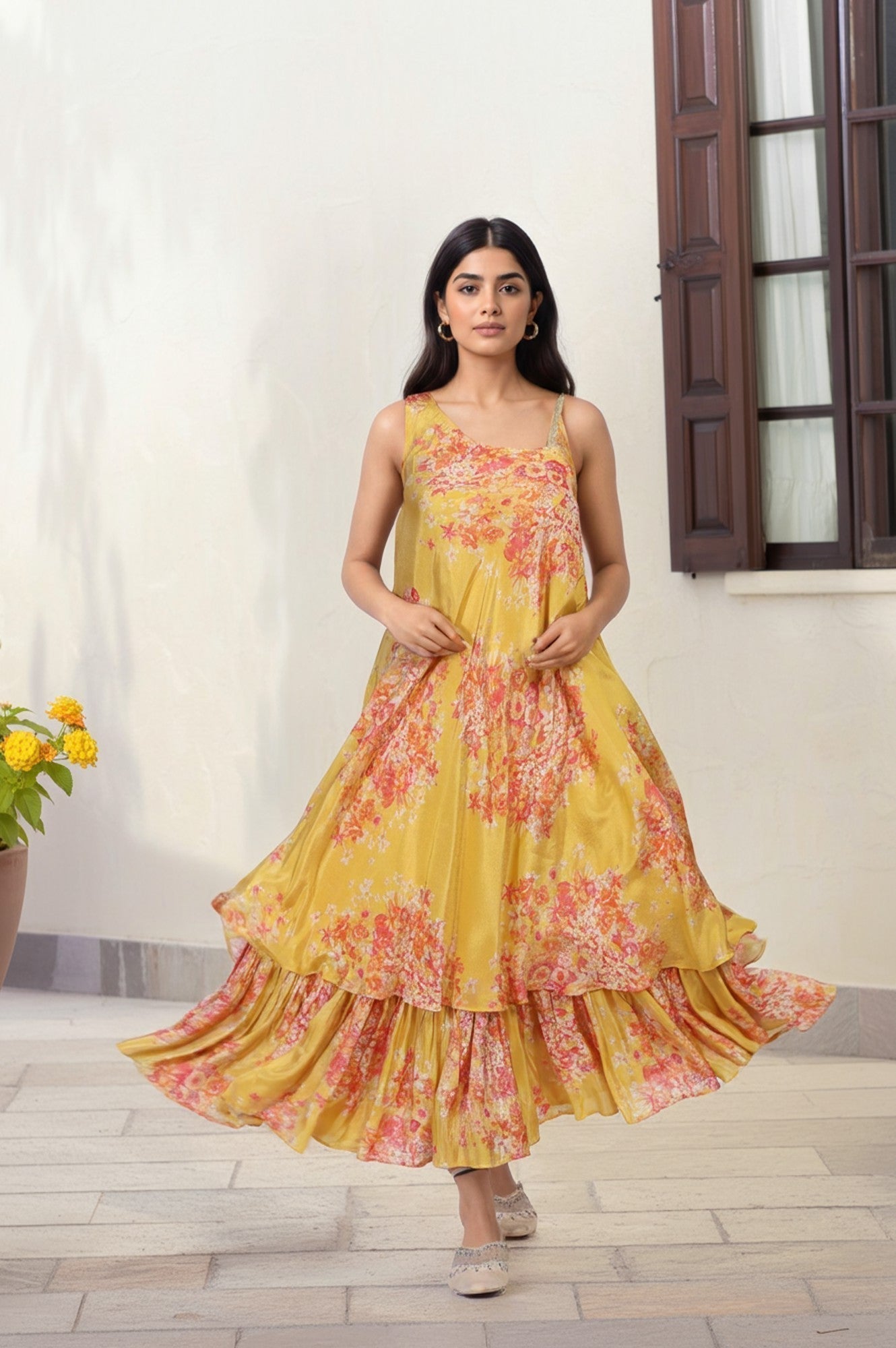 W for Woman Yellow Ethnic Motifs Zari Fit and Flare Tissue Dress  Grab2Buy WforWoman Grab2Buy