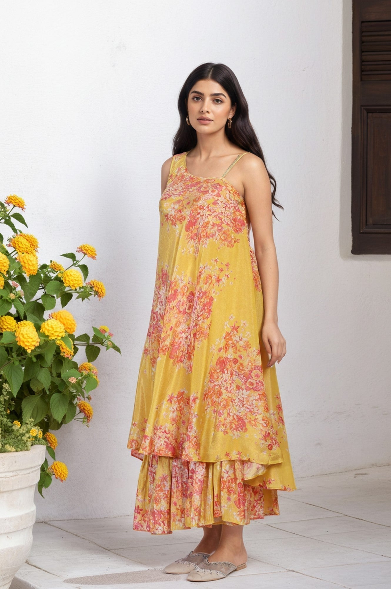 W for Woman Yellow Ethnic Motifs Zari Fit and Flare Tissue Dress  Grab2Buy WforWoman Grab2Buy
