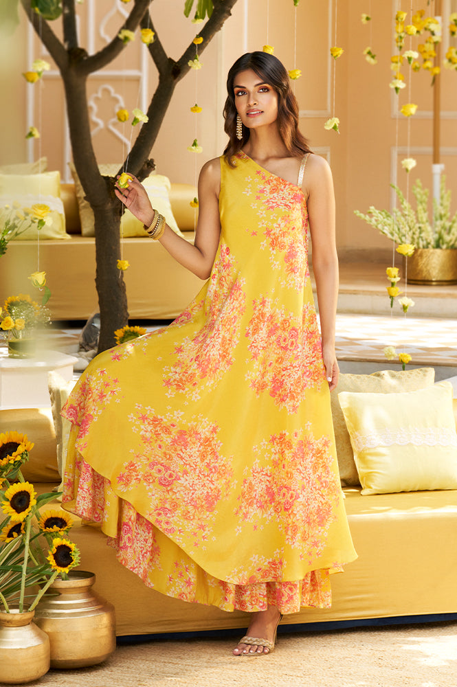 W for Woman Yellow Ethnic Motifs Zari Fit and Flare Tissue Dress  Grab2Buy WforWoman Grab2Buy