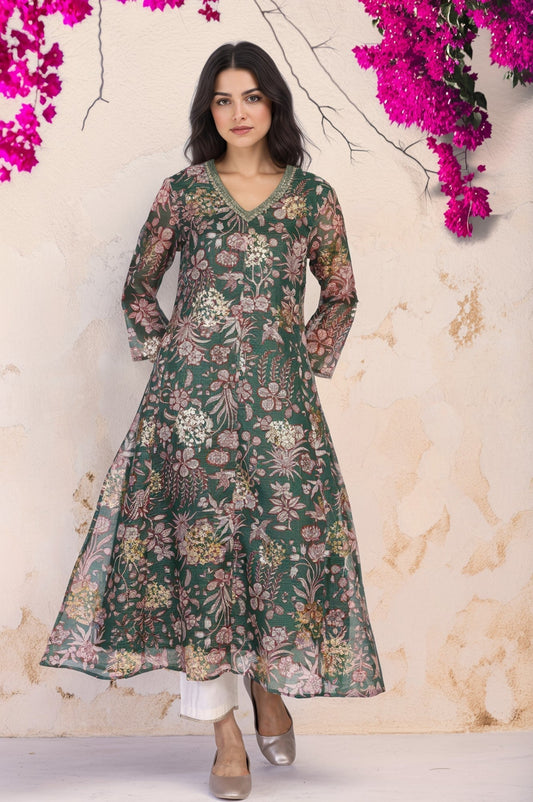 W for Woman Green Floral Print Dori Embroidery Straight Kota Doria Kurta