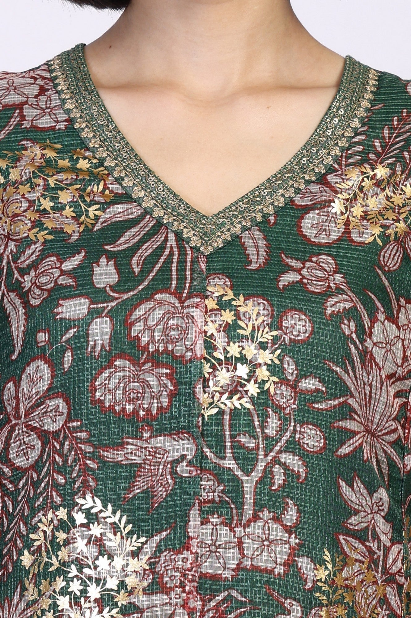 W for Woman Green Floral Print Dori Embroidery Straight Kota Doria Kurta