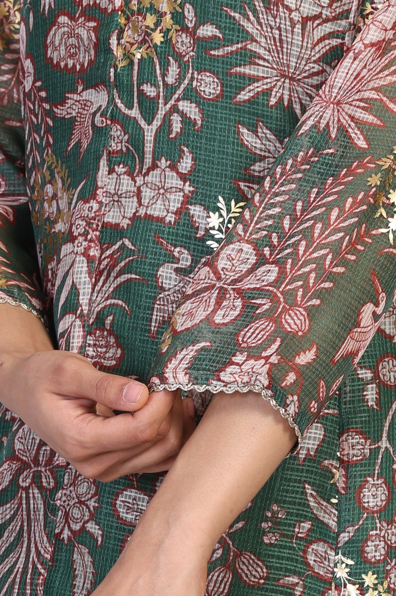 W for Woman Green Floral Print Dori Embroidery Straight Kota Doria Kurta