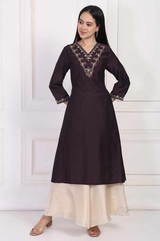 W for Woman Maroon Embroidered Flared Kurta