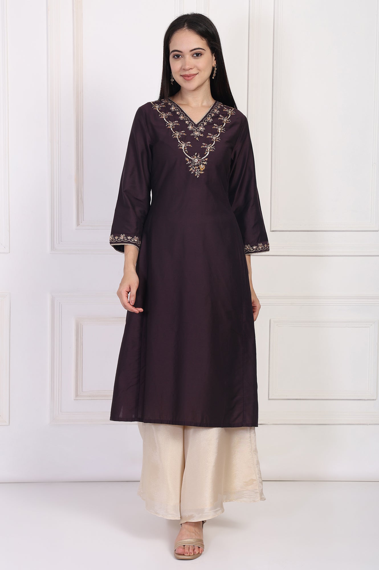 W for Woman Maroon Embroidered Flared Kurta
