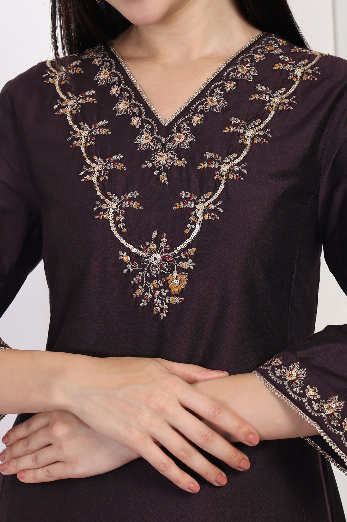 W for Woman Maroon Embroidered Flared Kurta